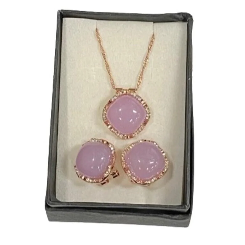 Reserved Genuine Lavender Quartz Pierced Earrings & Pendant Set, Gold Tone - Picture 2 of 2